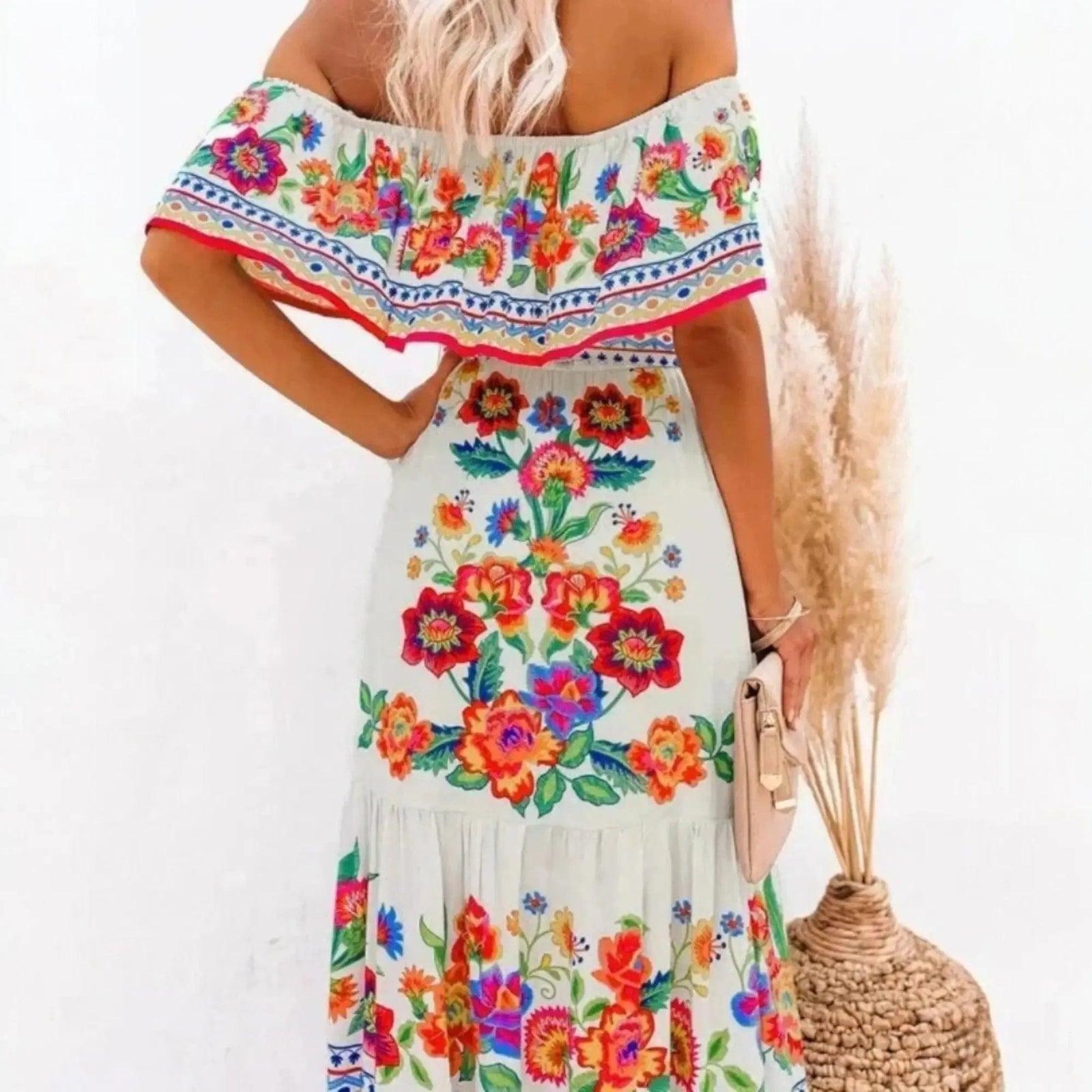 Women's Off-Shoulder Maxi Dress | Floral Print Design - Nelluva