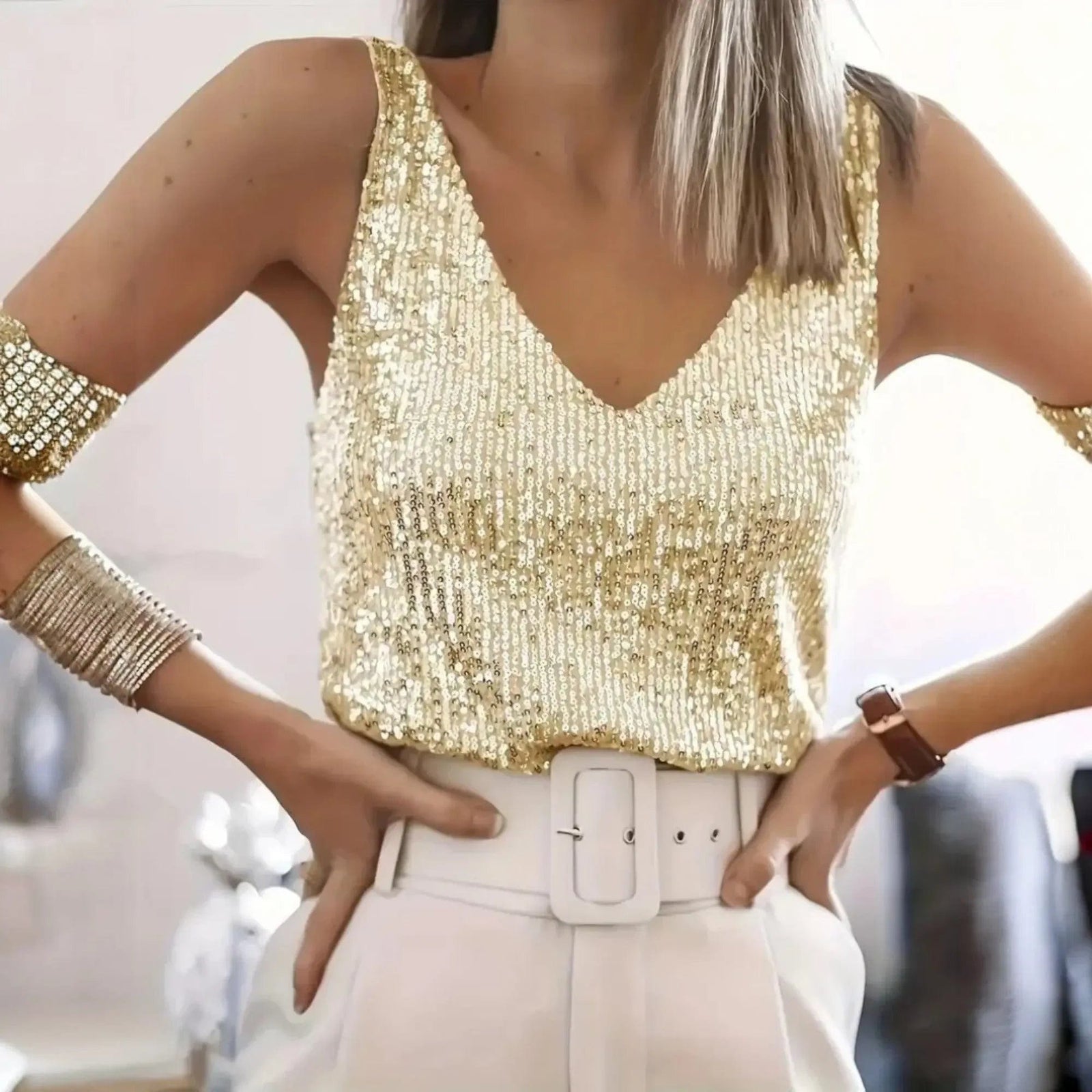 Women's Sequin V-Neck Tank Top - Nelluva