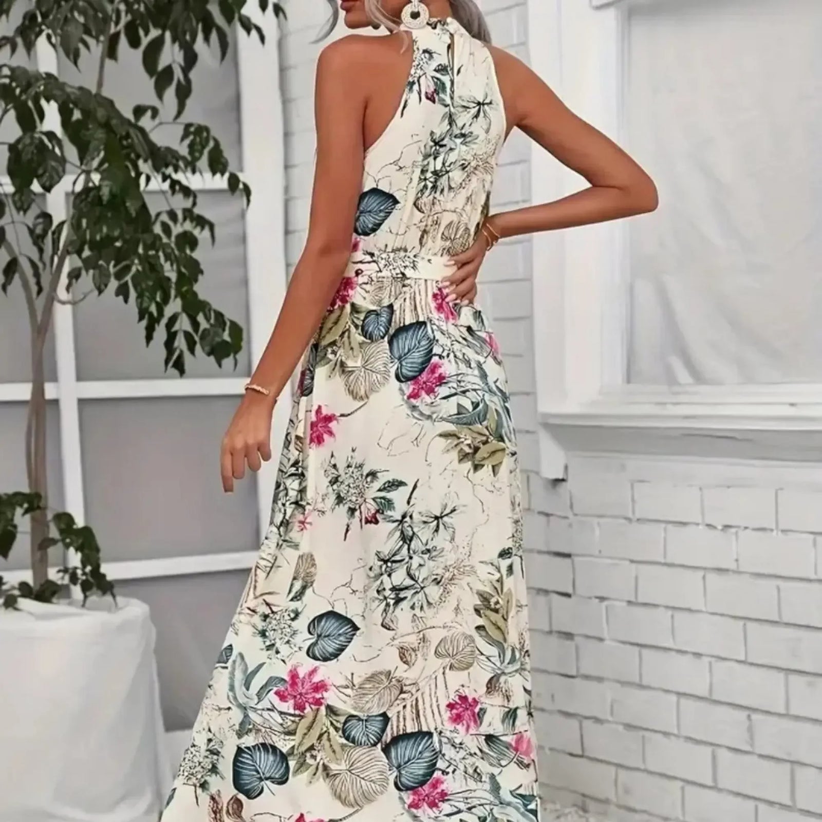 Women's Tie-Waist Halter Dress | Abstract Print - Nelluva