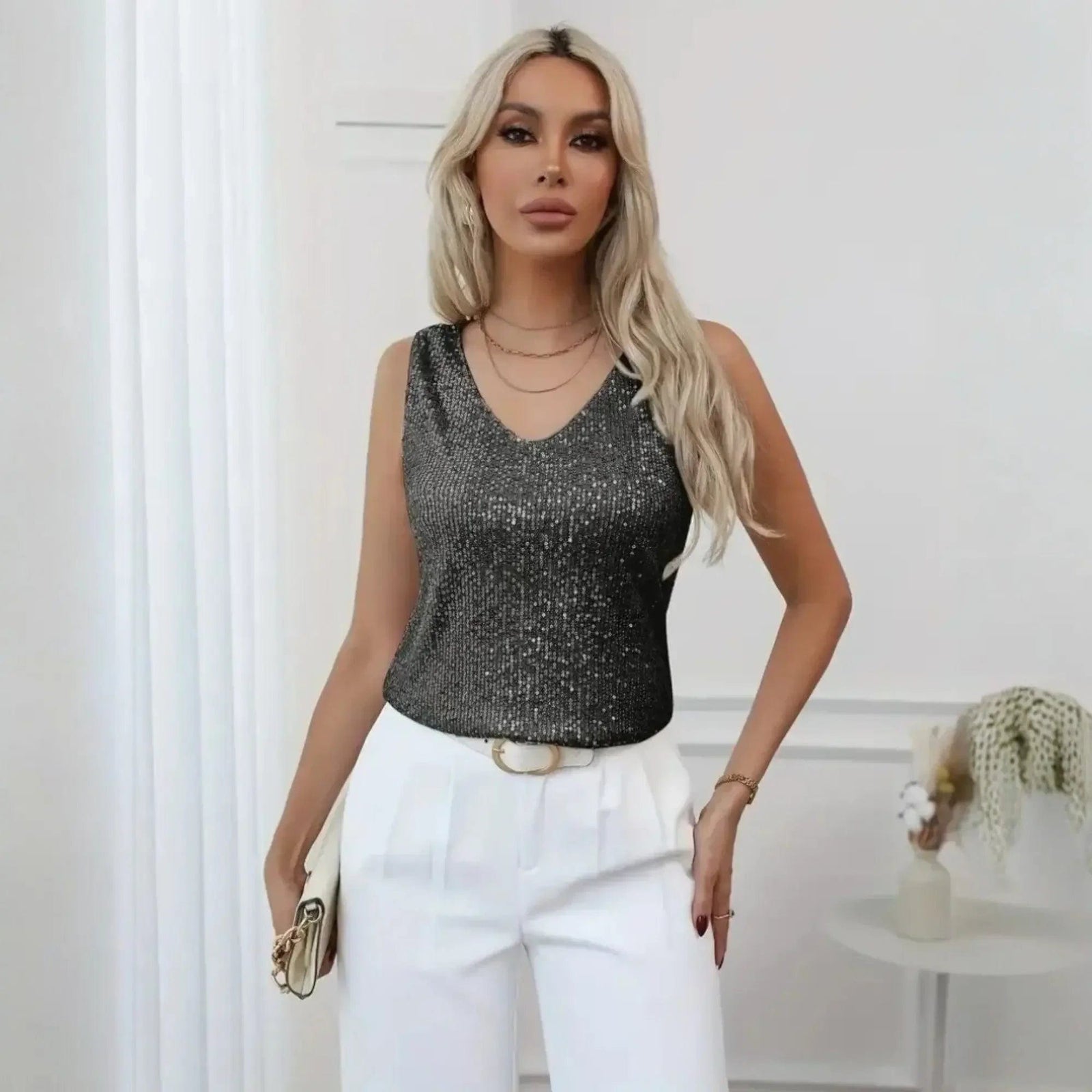 Women's Sequin V-Neck Tank Top - Nelluva