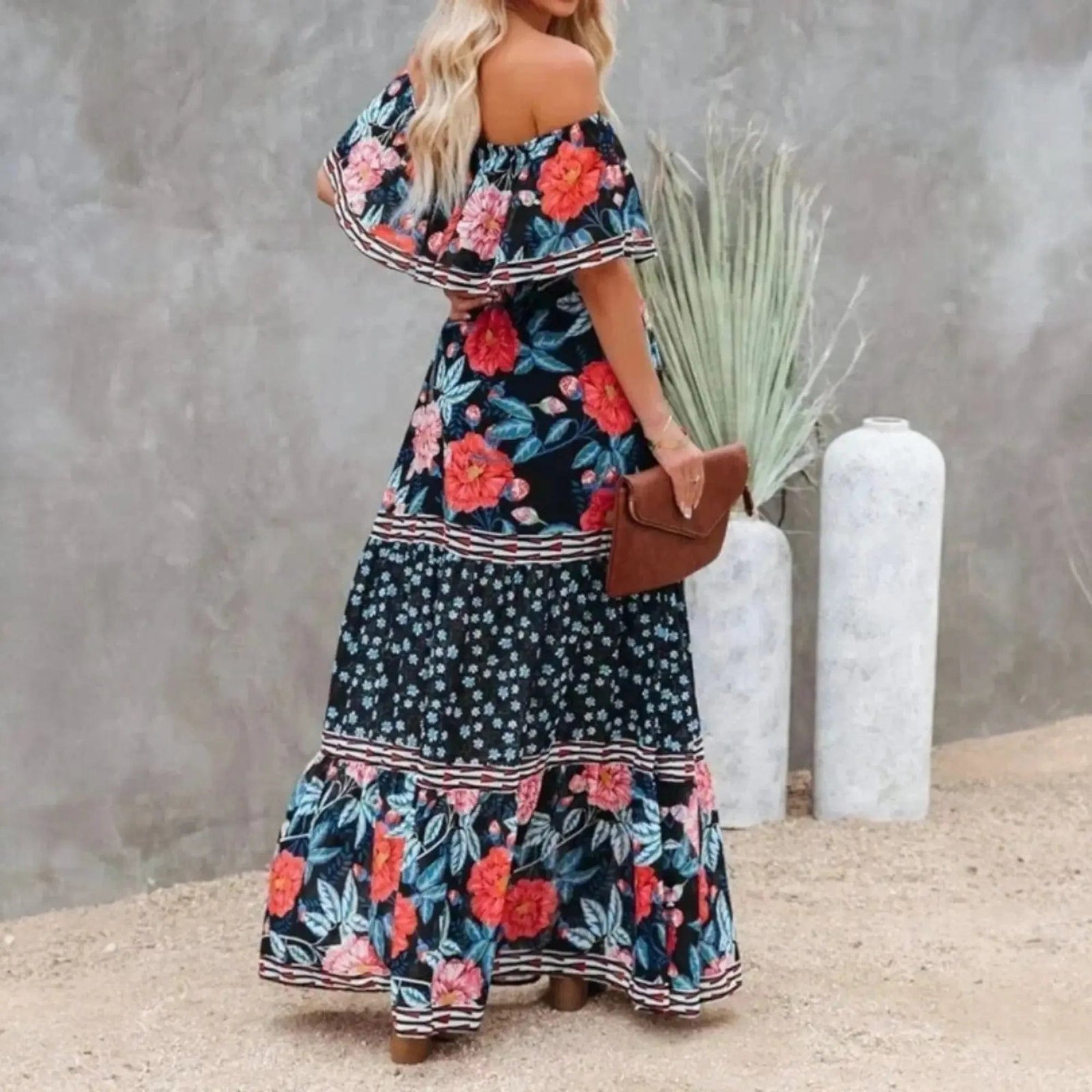 Women's Off-Shoulder Maxi Dress | Floral Print Design - Nelluva
